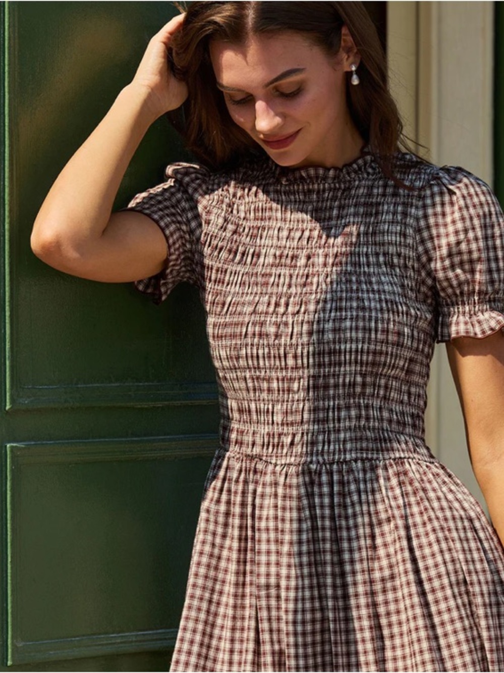 RIHOAS Brown Gingham Smocked Maxi Dress - Picture 2 of 10